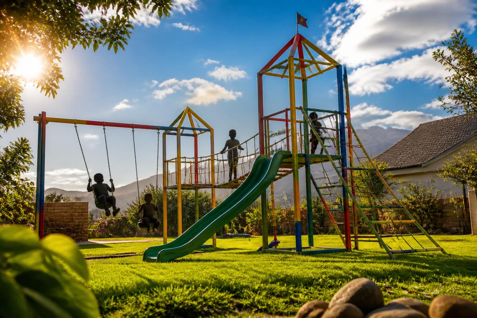 Colorful Jungle Gym Creations playground at sunset with children playing